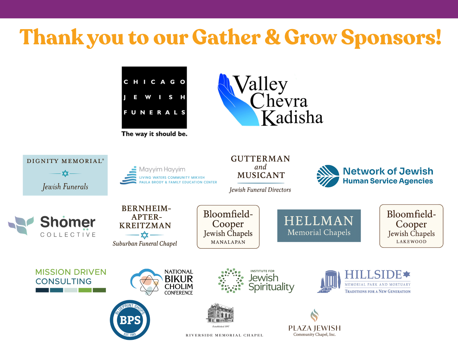 the logos of the sponsors for the conference: Valley Chevra Kadisha, Mayyim Hayyim, the Network for Jewish Human Service Agencies, Institute for Jewish Spirituality, Bikkur Cholim Conference, Mission Driven Consulting, and Plaza Jewish Funeral